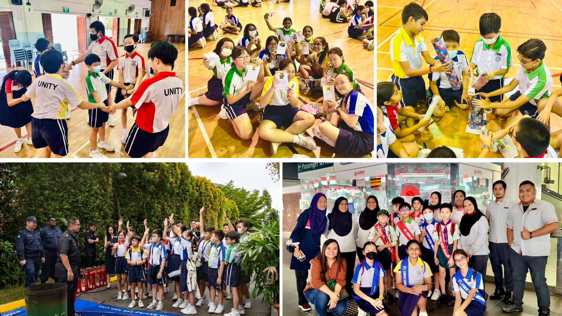 Collage of schoolchildren in uniforms doing group activities indoors, outdoors, and posing with adults.